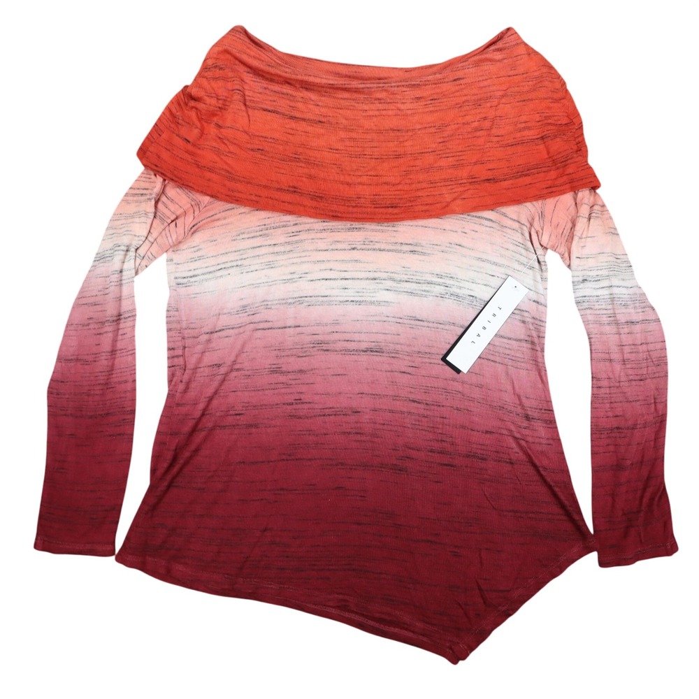 Tribal Top Womens Large Tawny Red Ombre Space Dye Asymmetrical Cowl Neck NWT